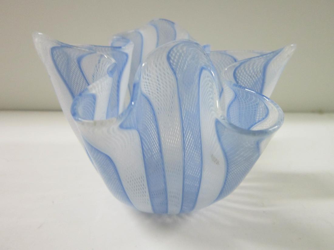 Small Venini Fazzoletto Vase: Small Venini Fazzoletto Vase: A small, handmade glass handkerchief vase in blue and white latticcino, deigned by Falvio Bianoni for Venini. Mid-20th century, three-line acid stamp "Venini Murano Itali