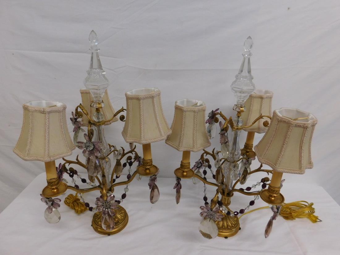 Pair Gilt Bronze Girandoles: Pair Gilt Bronze Girandoles: Pair three-lite gilt bronze and cut crystal candelabra, deeply chased base supporting three plain arms supporting the candle nozzles, and three foliate-decorated arms supp