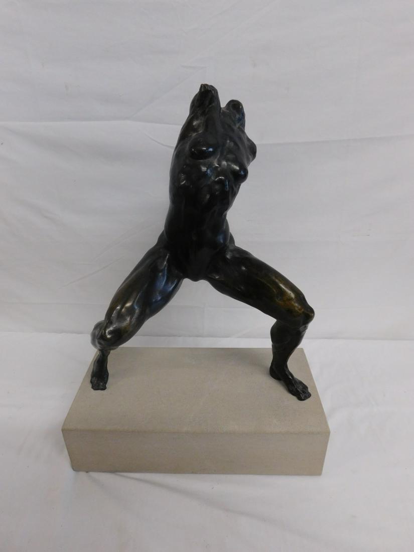 Gary Weisman Bronze Female Nude: Gary Weisman Bronze Female Nude Figure. An excellent bronze sculpture of a nude female figure, her legs spread, knees bent, modeled without head or arms, in the style of Auguste Rodin. By American Scu