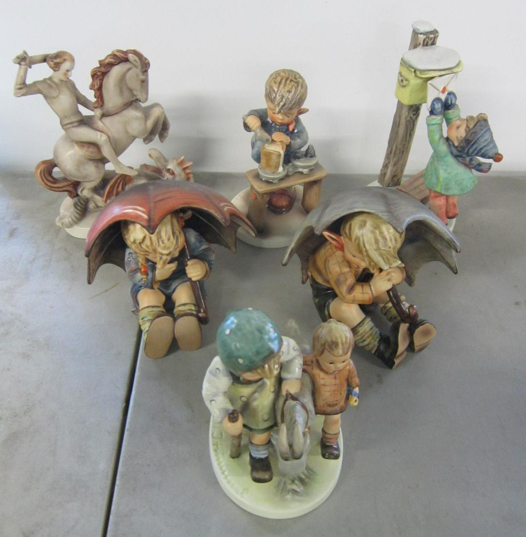 6 Hummel Porcelain Figurines: 6 Hummel Porcelain Figurines, one earlier, Stylized Bee (mark 3), George the Dragon Slayer, # 55, 7" and five mark 6 - Umbrella Boy and Girl, 152 / 0 A & B, 5" each, A Fair Measure, # 345, 6", Homewar