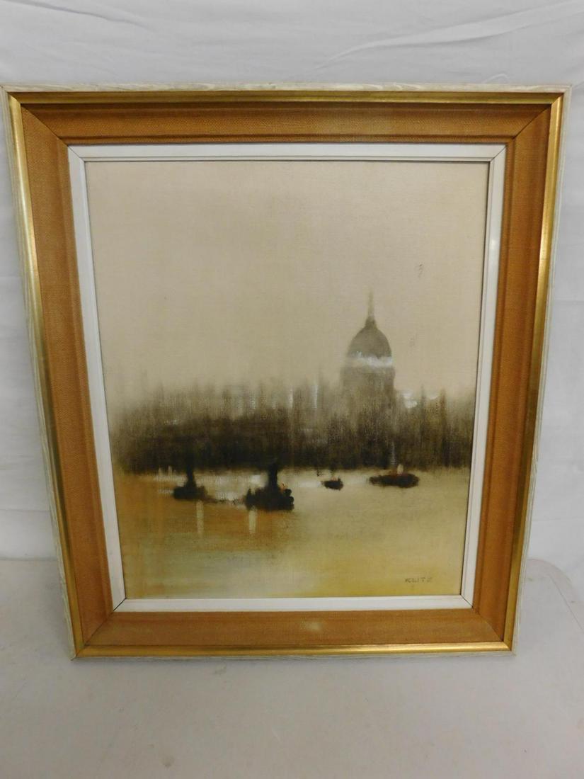 Anthony Robert Klitz o/c London in Fog: Anthony Robert Klitz o/c London in Fog. A framed oil on canvas by Anthony Robert Klitz (British, 1917-2000), a view London in the fog, showing tugboats on the Thames with the dome of St Paul's in the 