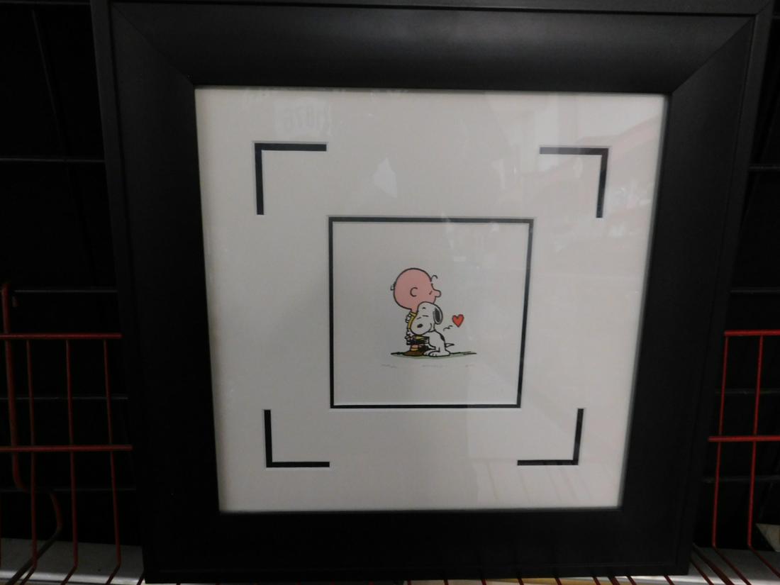 Charlie Brown & Snoopy Etching Hand Colored: Charlie Brown and Snoopy etching hand colored on woven paper, 2058/2500, 2004, sight 2 3/4" x 2 3/4", matted in black frame 14 1/2" x 14 1/2" includes certs & appraisal. CONDITION: Excellent