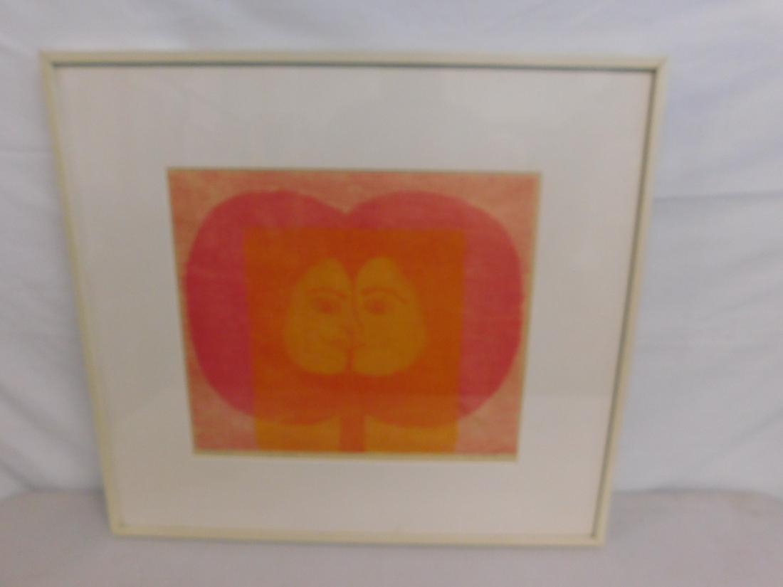 Santos Chavez Woodcut Print "La Vida": Santos Chavez Woodcut Print "La Vida": A large framed color woodblock print by Santos Chavez (Chile 1934-2001) titled "La Vida" (Life), an image of two conjoined faces/heads. Signed lower right, dated