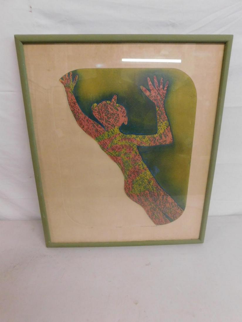 Sergio Gonzalez Tornero Colored Etching "La Caida": Sergio Gonzalez Tornero Colored Etching "La Caida": A large, framed, colored etching by Sergio Gonzalez Tornero (Chilean/American b 1927), titled "La Caida" (the Fall), printed from an oblong plate wi