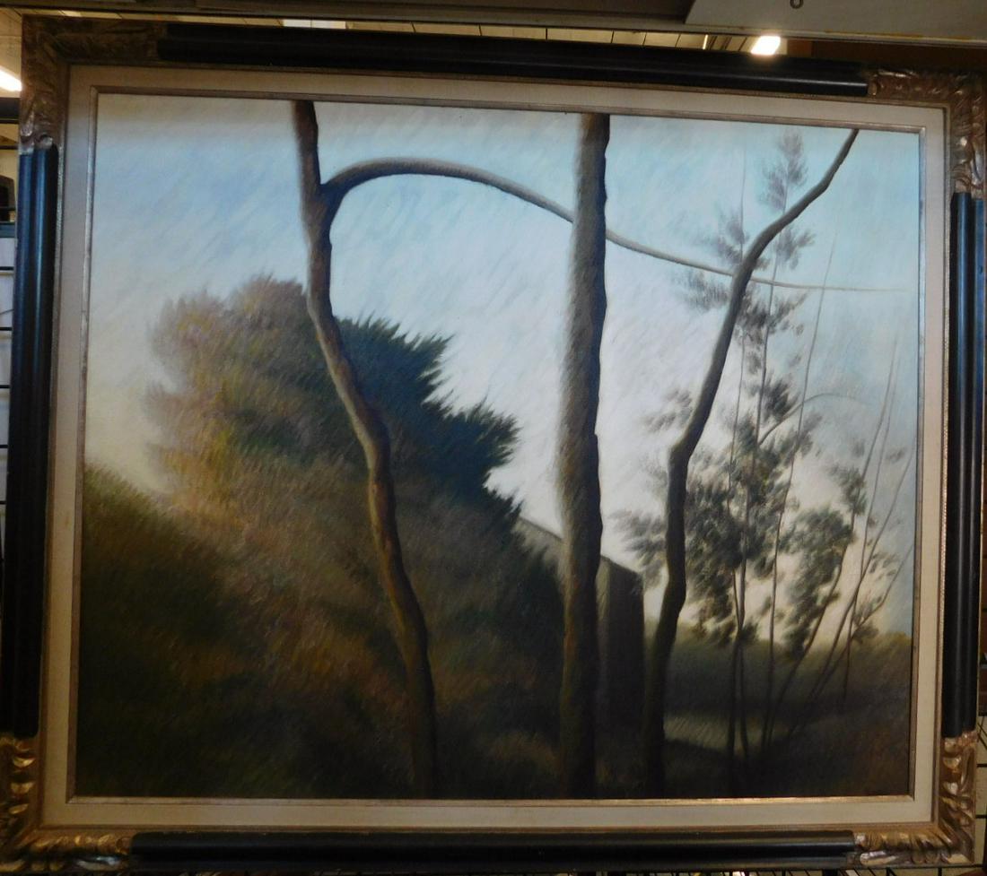 Robert Kipness o/c Trees: Robert Kipness trees painting. American 1931, o/c, signed lower right, depicts close up of trees with portion of building and lake; carved, gilt and enlarged wood frame , 57"x48 1/2". CONDITION: Very 