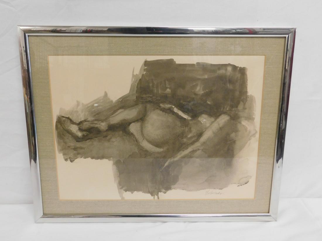 Daniel Bennett Schwartz Nude Drawing: Daniel Bennett Schwartz Nude Drawing. An ink wash drawing of a reclining female nude executed on cream-colored paper by Daniel Bennett Schwartz (American, born 1929) who trained at the Art Students Le