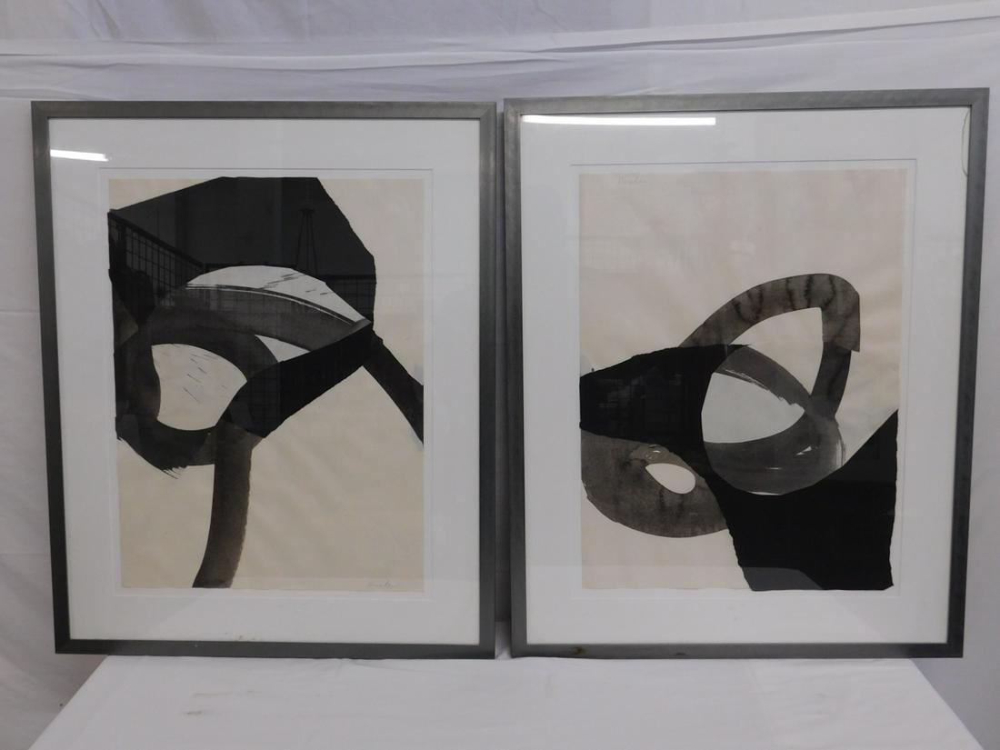 Pair Unknown 20th c Artist Ink Drawing Collages: Unknown 20th c. Artist Ink Drawing Collages. A pair of framed collages made by cutting up bold, abstract ink drawings, both signed "Norela" or "Nocella". In distressed steel frames, both works are abo