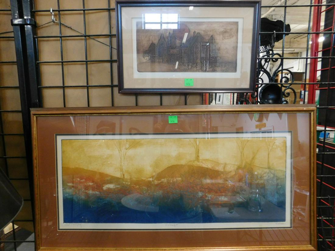 Two Modern Etchings: Two Modern Etchings: a large aquatint in color by Ruth Rodman (American), titled "Morning II". Signed lower right, titled lower center, noted as "artist's trial proof". plate 32" x 12", frame 41 1/8"