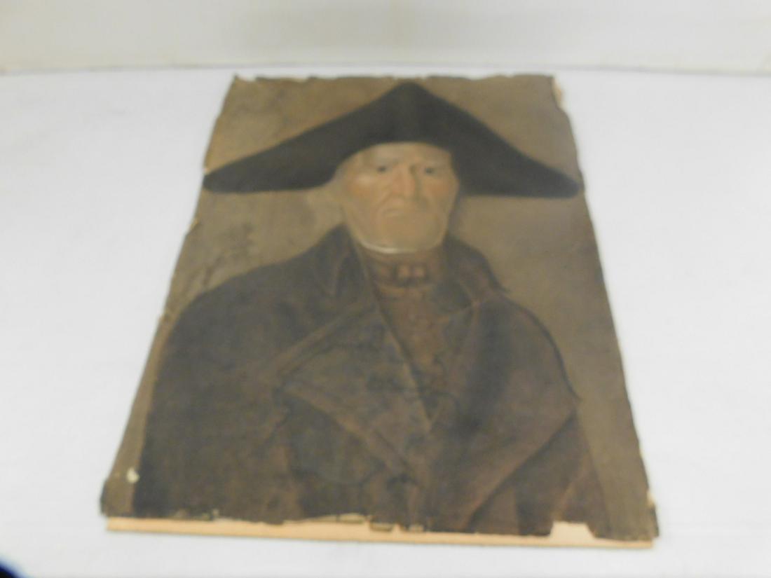 Colored Chalk Drawing of a Man in Tricorn Hat: Colored Chalk Drawing of a Man in tricorn hat. Late 18th c, probably Continental, a half-length portrait of an elderly man in a black tri-cornered hat, brown jacket and vest. On paper with a very fine