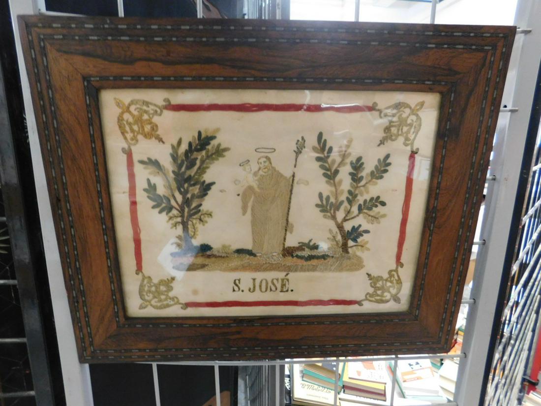Antique Embroidery on Paper St Jose: Antique Embroidery on Paper St Jose. Standing image of St Joseph holding the Infant Christ, flanked by naively-executed trees, all surrounded by a red and gold border. Captioned "S. Jose" at bottom. S