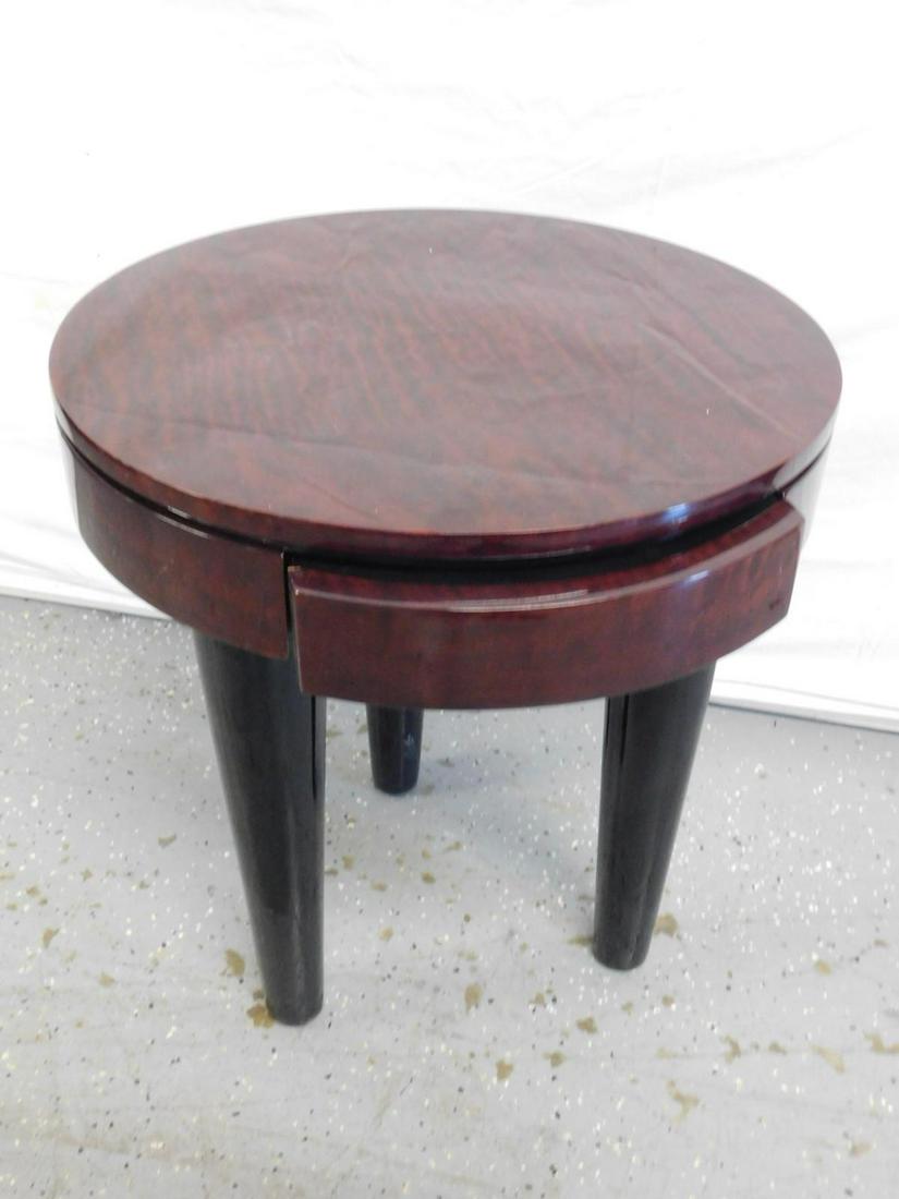 Deco Style Three-Legged Ocassional Table: Deco Style Three-Legged Ocassional Table, Round form top containing one conforming drawing, on three tapering conical legs, veneered surface with high-gloss finish, Labeled on underside: Enrique Garci
