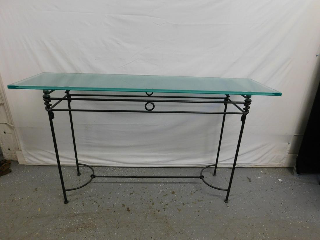 Contemporary Console Table: Contemporary Console Table, wrought iron rod form base, penny feet, frosted 3/4" thick plate glass top with clear glass border, late 20th c, 60" x 16" x 33 1/2". CONDITION: Very good condition.