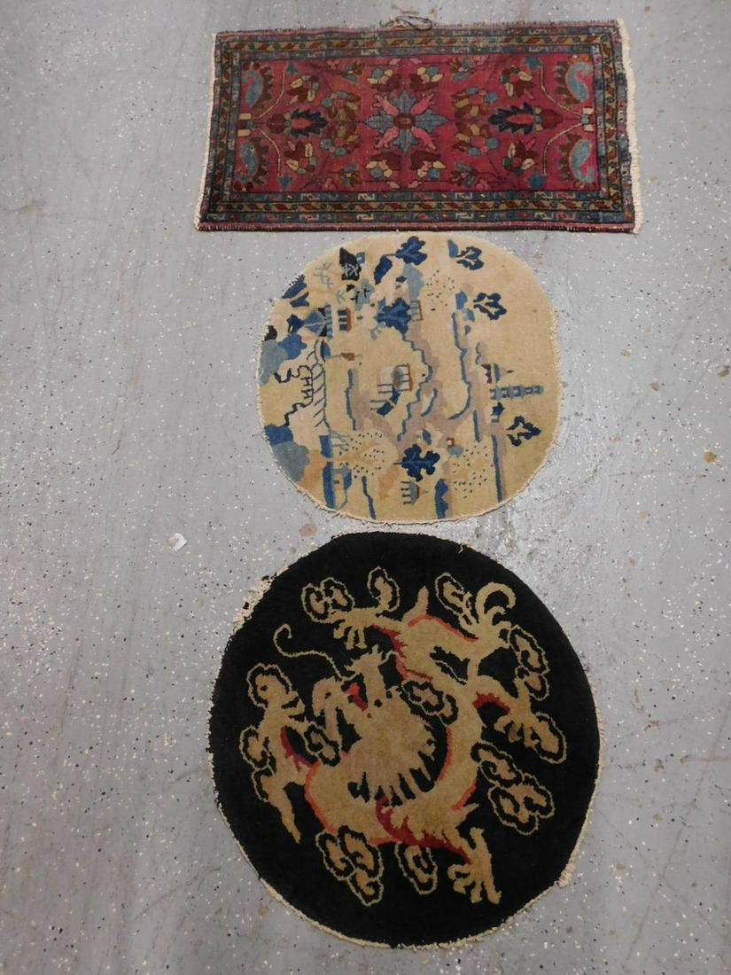 Hamadan & 2 Chinese Throw Rugs: Hamadan and 2 Chinese throw rugs includes: Hamadan 22" x 35" with maroon floral field, oval Chinese remnant in beige with pictorial landscape (22" x 23") and a round 24" diam Chinese in black with bei