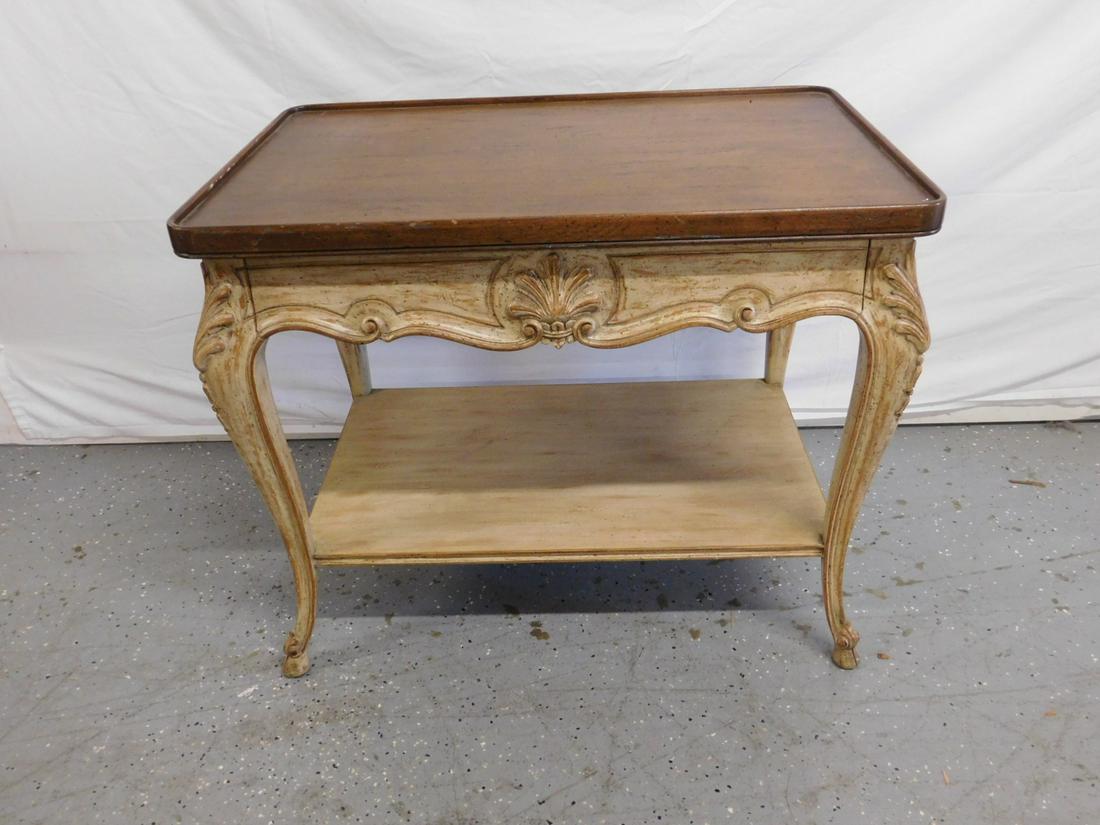 Auffray & Co. End Table: Auffray & Co. end table, Louis XV style, distressed fruitwood and antiqued white finish, shell and acanthus carvings, single drawer, cabriole legs, mid 20th c. 20" x 30" x 24". CONDITION: Small areas 