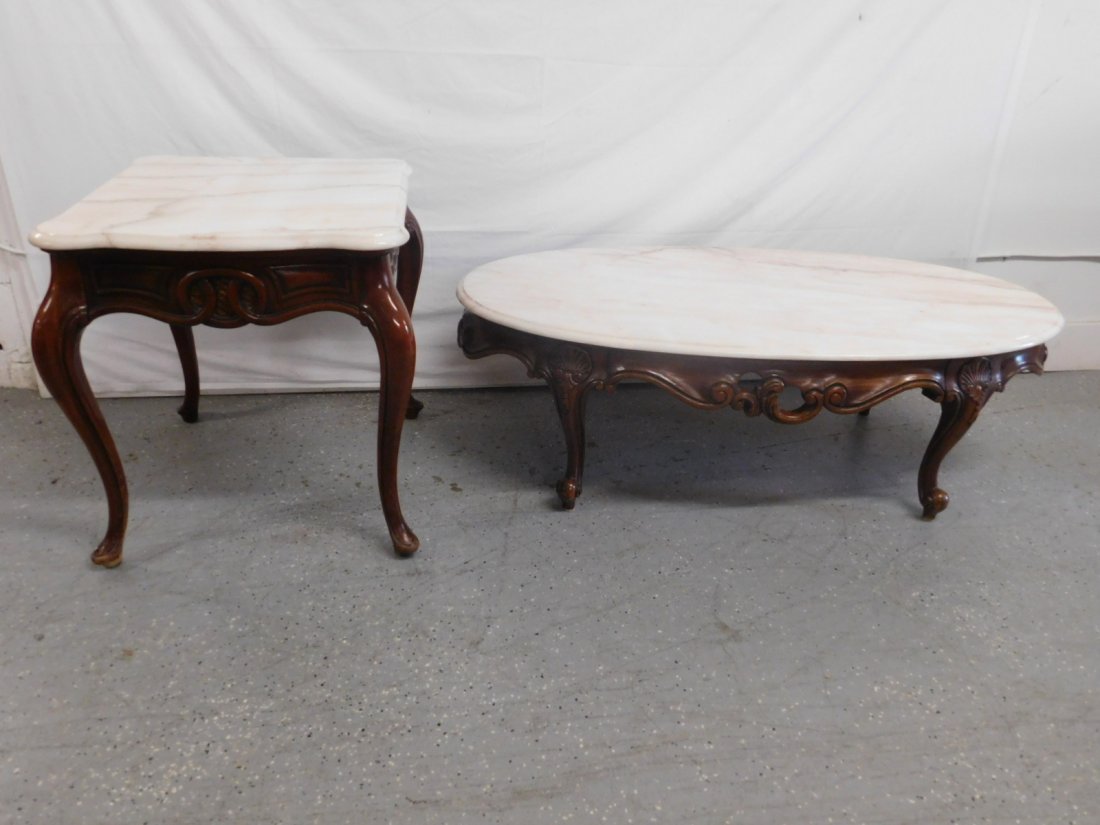 Weiman Coffee & End Table: Weiman Coffee and End Table, mahogany, French Provincial style, scroll carvings, cabriole legs, beige veined white marble tops, metal label "Calas", includes: end table with drawer, oval top coffee ta