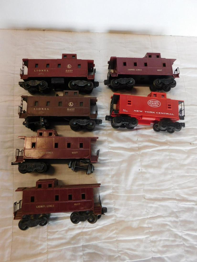 6 Lionel Caboose: Six Lionel Cabooses, all "O" gauge, SP type, loose, no boxes including: Post war - three Lionel Lines 6017 (maroon), two Lionel 6457 (one maroon and one brown), plus one Modern era - New York Central 