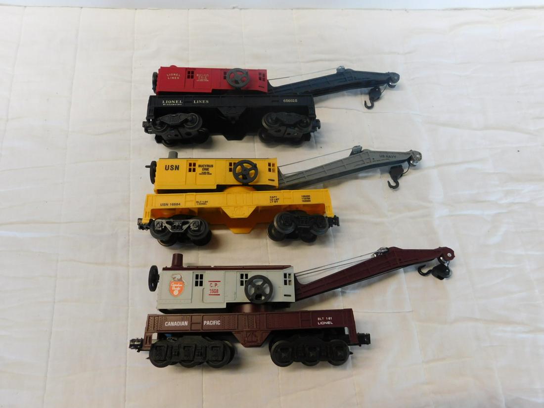 3 Lionel Crane Train Cars: 3 Lionel Crane Train Cars, loose, no boxes, "O" gauge including: Post War -Lionel Lines Bucyrus Erie, 656025, plus modern era, USN Bucyrus Erie, 16684 and Canadian Pacific 6508. CONDITION: All cranes 