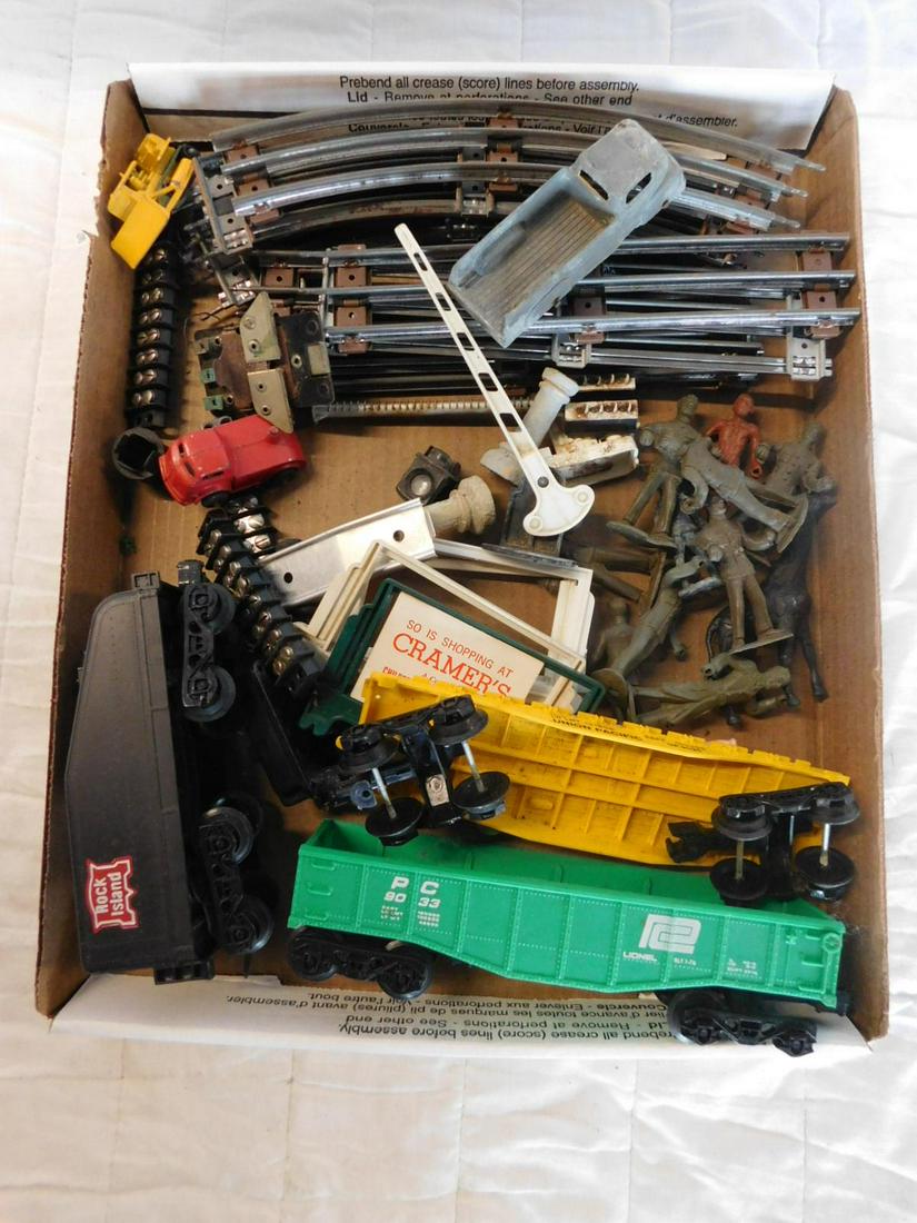 "O" Gauge Train Cars, Track & Other: "O" Gauge Train Cars, Track and Other, loose, no boxes including: Lionel Penn Central hopper car 9093, Union Pacific flat car 9020 and Rock Island tender, plus some curved and straight track, empty bi