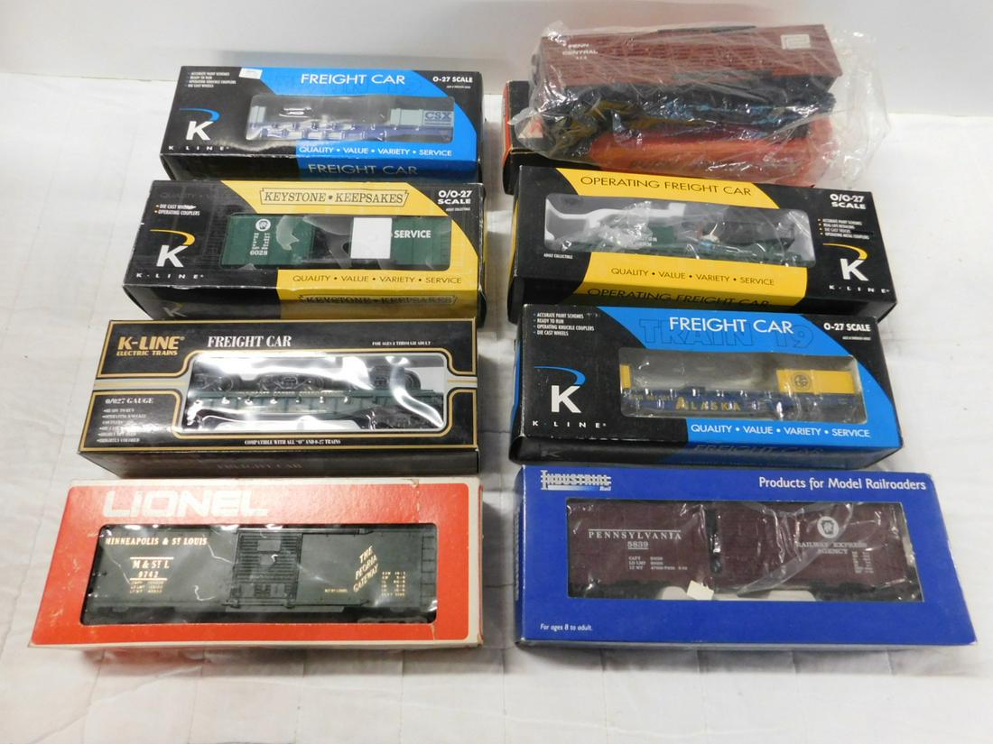 8 Kline & Other Train Cars w/Boxes: Eight Kline and Other Train Cars w/Boxes, "O" and O27 gauge including: K Line - CSXT flat car 1C661 - 1431 and Alaska flat car K661 -1011 (both missing pick up trucks), Burlington Northern K221 - 1151