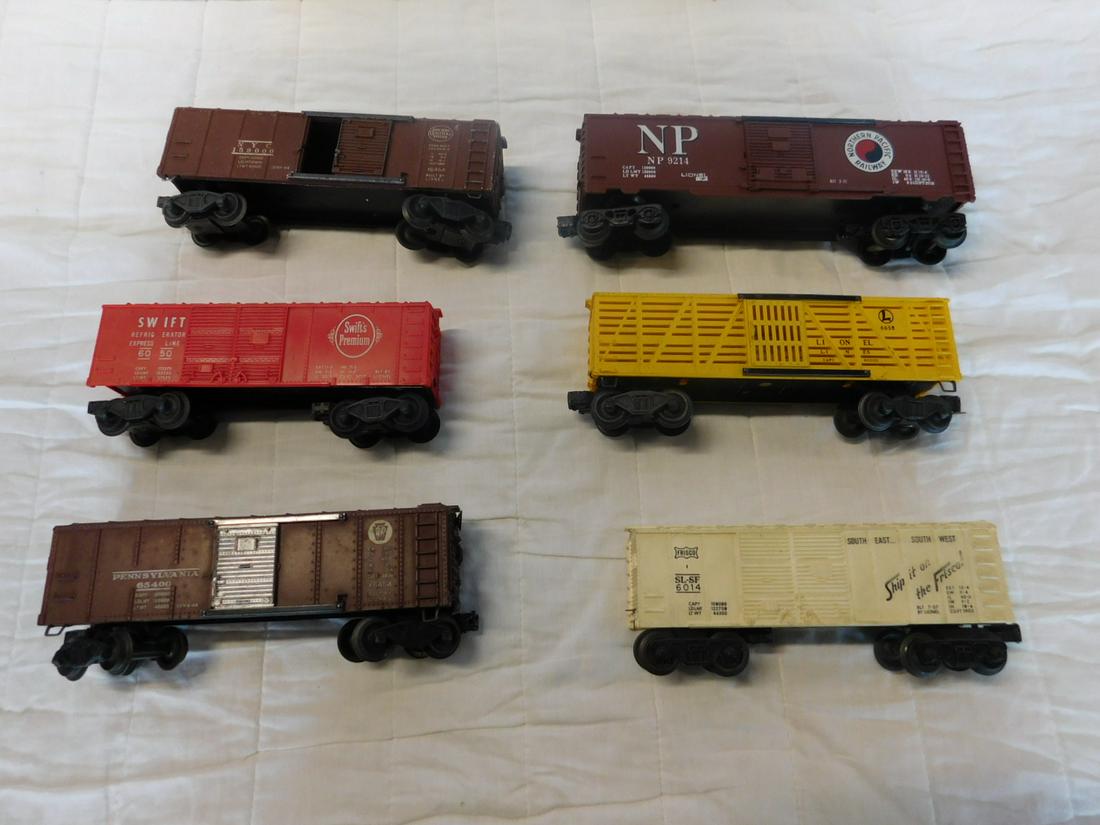 Lionel Box & Cattle Train Cars: Lionel Box & Cattle Train Cars, "O" gauge, loose, no boxes including: Post war box cars - Pennsylvania and NYC, X6754, both with metal doors, Swift, 6050 and Frisco, SL-SF 6014, Modern Era - Northern 