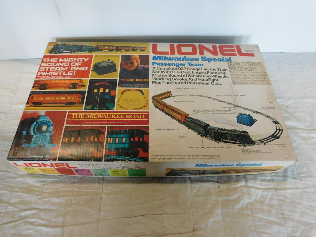 Lionel "O" Gauge Train Set: Lionel "O" Gauge Train Set in original box, still in plastic - Milwaukee Special Passenger Train, diecast 4-4-2 locomotive featuring Mighty Sound of Steam and Whistle with tender, three Milwaukee Road