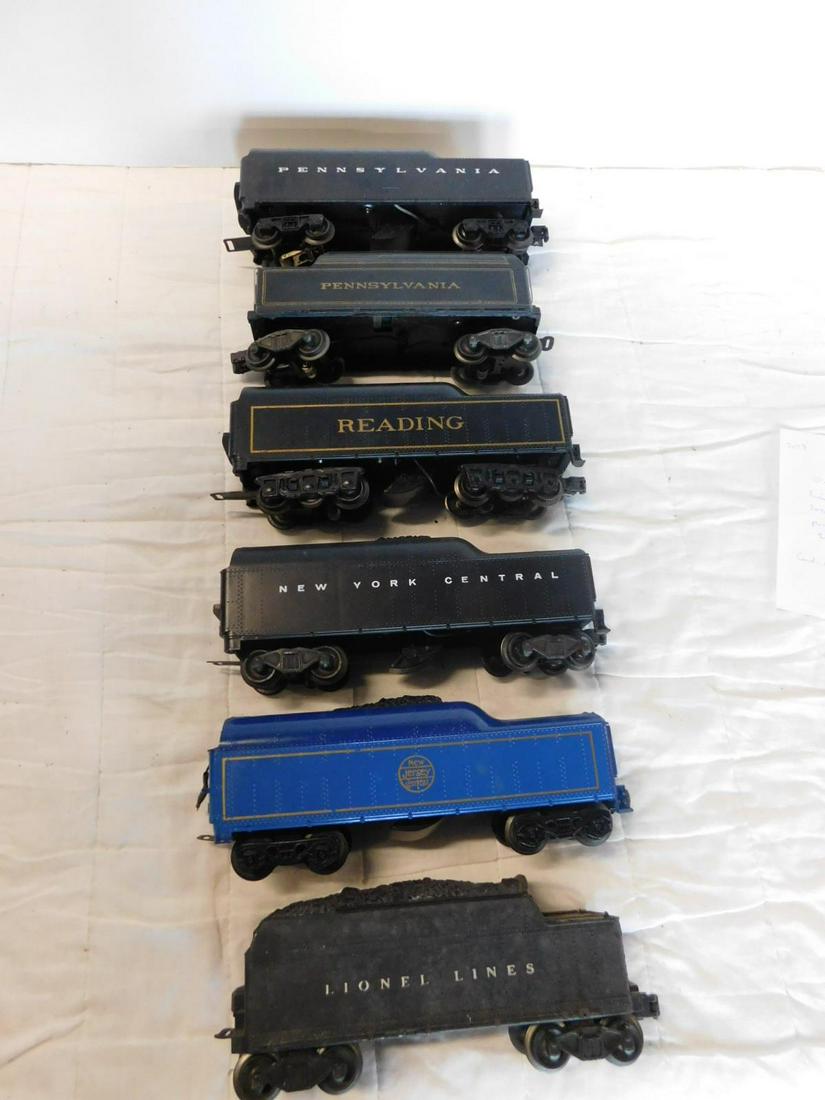 6 Assorted Lionel Tenders: Six Assorted Lionel Tenders, "O" gauge, loose, no boxes including: Post War - Lionel Lines early coal, 2020 w, Pennsylvania Streamlined 2046 WX and early coal and 2466 WX, New York Central Streamlined