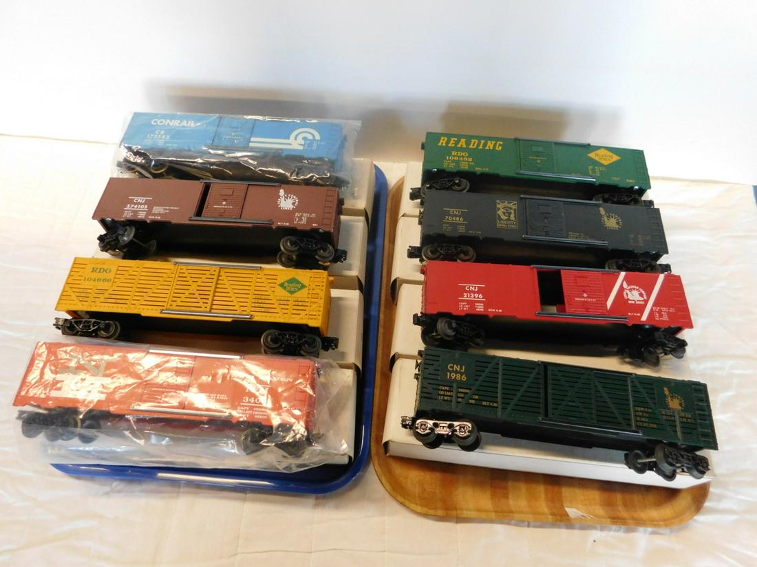 8 Franks Round House Box Train Cars: Eight Franks Round House Box Train Cars, all like new in original white boxes including: Jersey Central Lines, 574105 (maroon), Liberty Centennial, 70486, CNJ 1986 and CNJ 21396(red), Reading Lines, 1