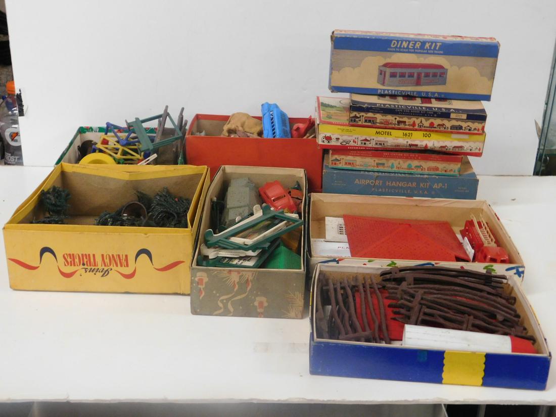 Vintage Plasticville & Other Track Accessories: Vintage Plasticville and Other Track Accessories including: five Plasticville buildings in original boxes - Gas Station kit, 60-2, Motel 1621 100, Cape Cod house kit 1400, Diner kit, DE-7 and Airport 