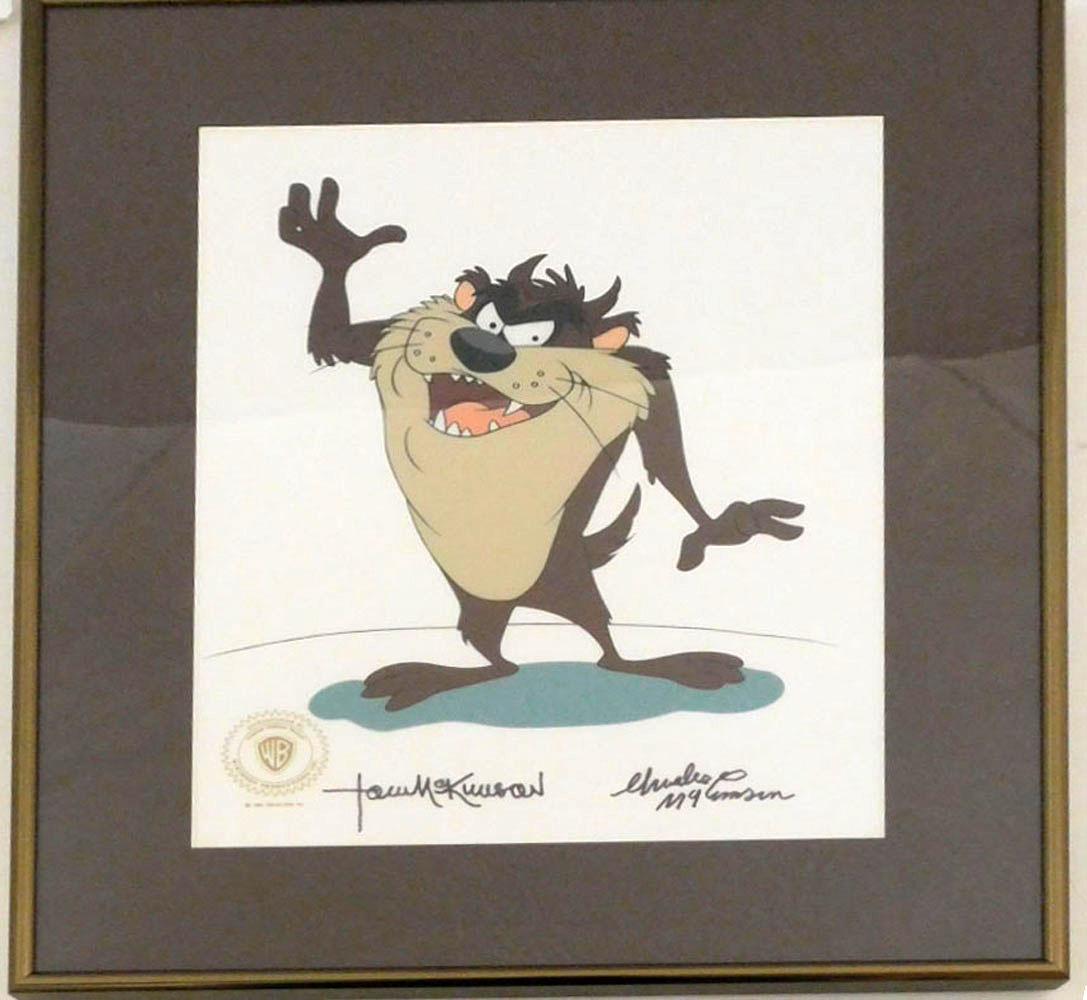 WB Signed Sericel Taz: WB Signed Sericel Taz, Warner Bros Studio, signed in magic marker by Tom and Charles McKimson (at bottom) with 1992 WB seal, limited edition 125 / 500 featuring a full figure posed Tasmanian devil (Ta