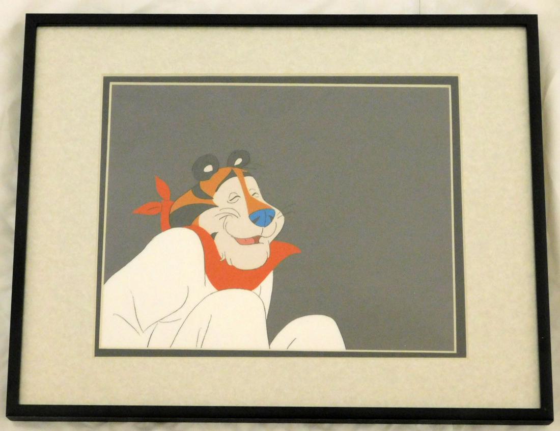 Original Production Cel Tony The Tiger: Original Production Cel Tony The Tiger from Kellogg's Frosted Flakes television commercial featuring Tony in karate 6, sitting and laughing with eyes closed, black background, matted, 7 3/8" x 9 3/8"