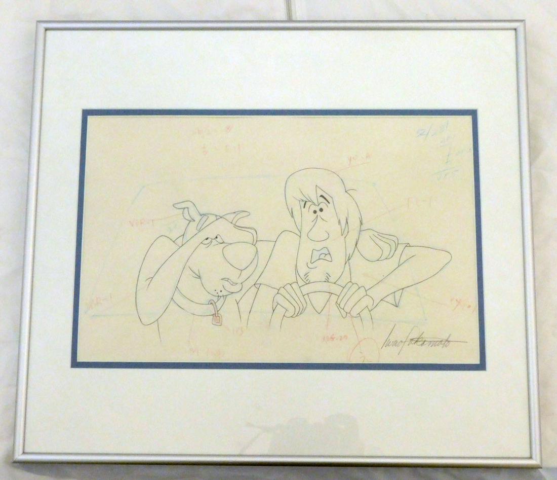 Original Signed Production Drawing"Scooby Doo": Original Signed Production Drawing"Scooby Doo", Hanna - Barbera Studios - Scooby Doo and shaggy, c. 1980s pencil signed Iwao Takamoto (lower right) with red and blue pencil notes, matted 8" x 14" 9sit