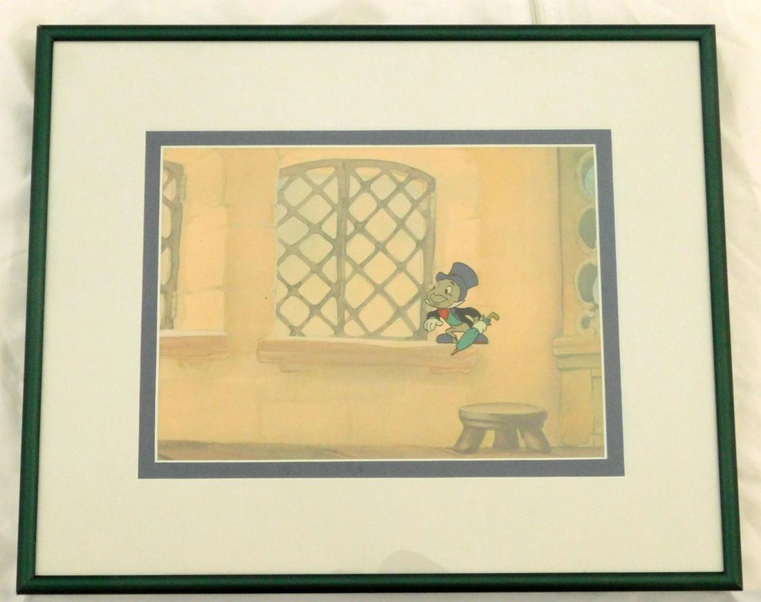 1950's Original Production Cel "Jimmy Cricket": Original Production Cel "Jimmy Cricket", Disney Studios, from the 1950s Mickey Mouse Club Educational Series featuring: Jimmy Cricket, full figure, interior background 6 1/2" x 9" (site) green metal f