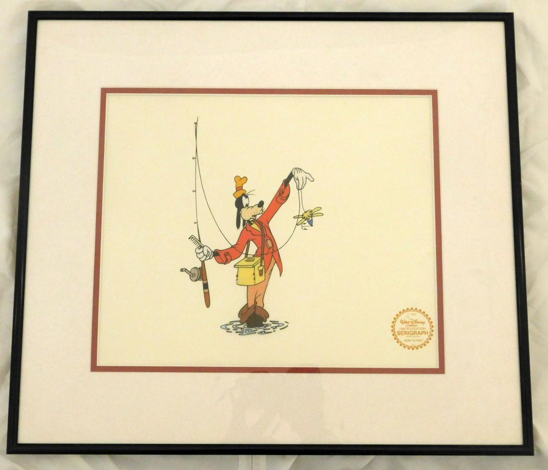 Disney Serigraph Animation Cel Goofy: Disney Serigraph Animation Cel Goofy, Walt Disney Studios, from the 1942 Walt Disney Animated Classic "Hot to Fish", featuring Goofy in full fishing boots and outfit with rod and reel, hook and tackle