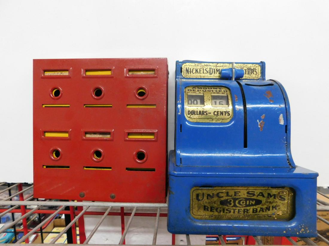 2 Vintage Tin Coin Banks: 2 Vintage Tin Coin Banks including: Tudor metal Prod. Home Budget bank, six slot coin bank with six tin removable compartment, inside lift lid, lock at front (no key), 6" x 6 1/4" x 2 1/4", plus Uncle
