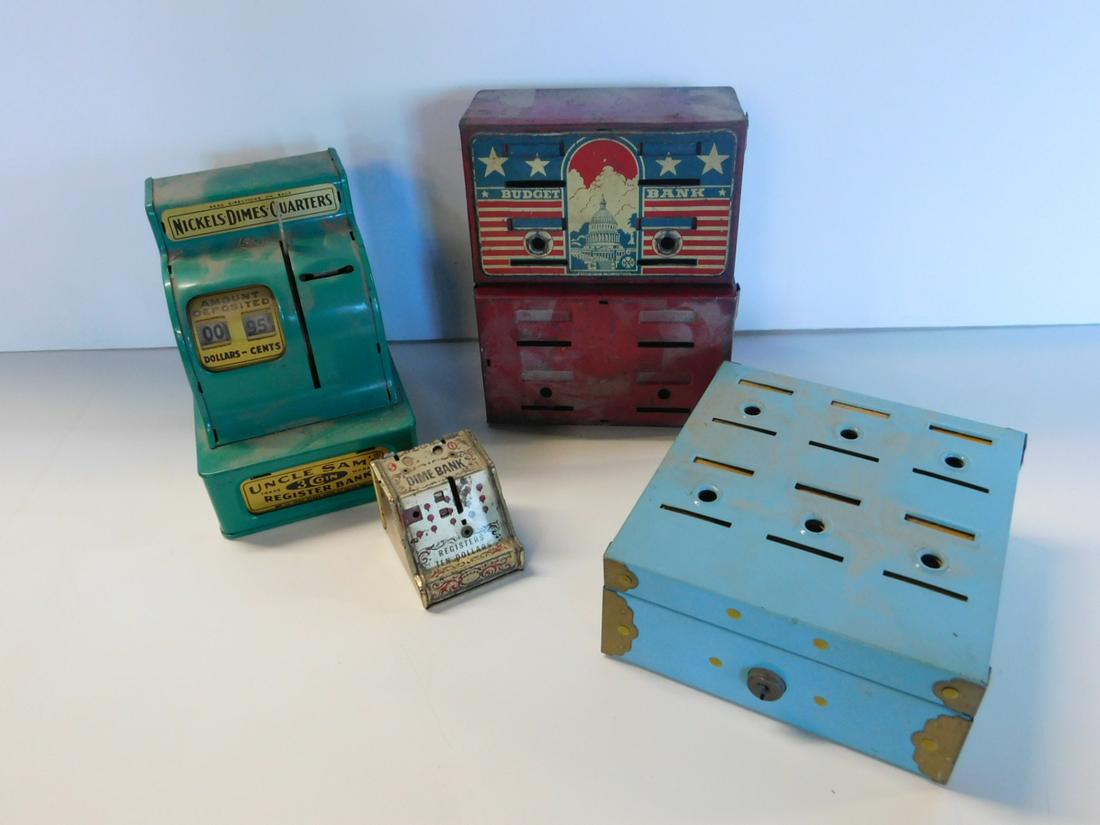 Vintage Tin Home Budget & Other Banks: Vintage Tin Home Budget and Other Banks including: Tudor Metal Co. Home Budget bank, six slots with lidded tin containers inside, 6" x 6 1/4" x 2 3/4", Marx Budget bank with litho of Capital, four slo