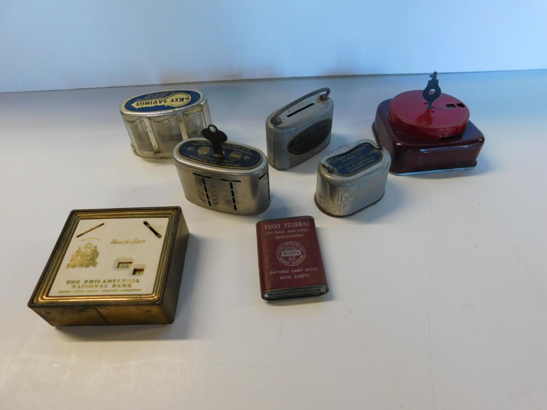 7 Vintage Banking Advertising Banks: Seven Vintage Banking Advertising Banks, all Philadelphia area based banks including: The Roosevelt Bank, 3 1/2" x 2 1/4"h (with handle), plastic Key Savings and Loan, 4 1/4" x 2 1/4"h, Citizen's & So