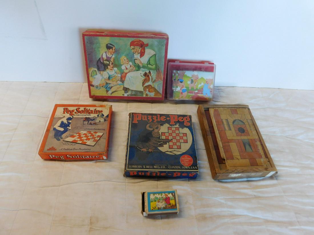 Vintage Block Sets & Peg Games: Vintage Block Sets & Peg Games, all in their original boxes including: one German Richter three stone blocks in original wood box, plus three (6) sided blocks - one in Match Box form box 7/8" blocks (