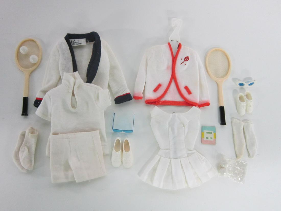 Barbie & Ken Tennis Outfits: Barbie and Ken Tennis Outfits, 1960s, loose, no packages including: Barbie outfit - Tennis Anyone #941, jacket, dress, sneakers, socks, racked, two balls, sunglasses and tennis rules, plus Ken outfit