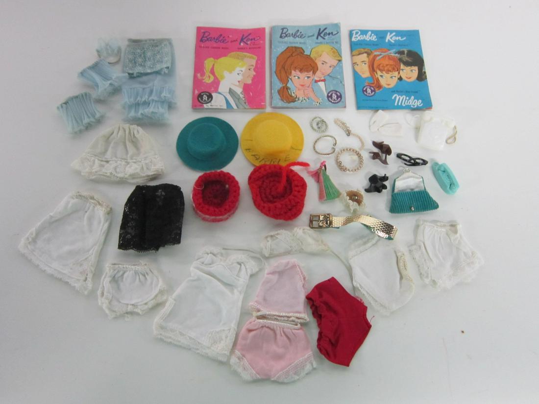 Vintage Barbie Clothes & Accessories: Vintage Barbie Clothes and Accessories, 1960s loose, no packages, including: various under garments - slips, shorts, bra,pink shorts and top set, wool and felt hats, belt, shoes (pink, brown and black