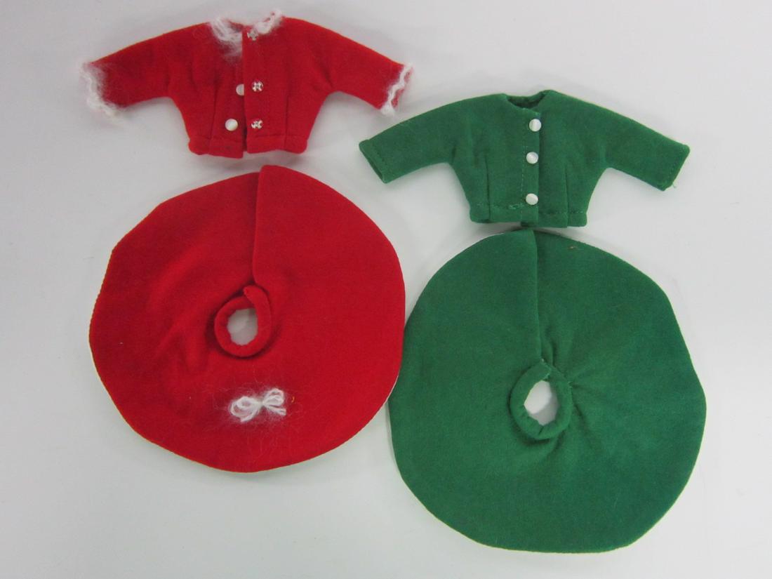 2 Vintage Barbie Christmas Outfits: Two Vintage Barbie Christmas Outfits, 1960's, loose, no packages, one red and one green, both with round poodle type skirt and jacket, (no shoes or shirt). CONDITION: Red outfit fringe is some what fr