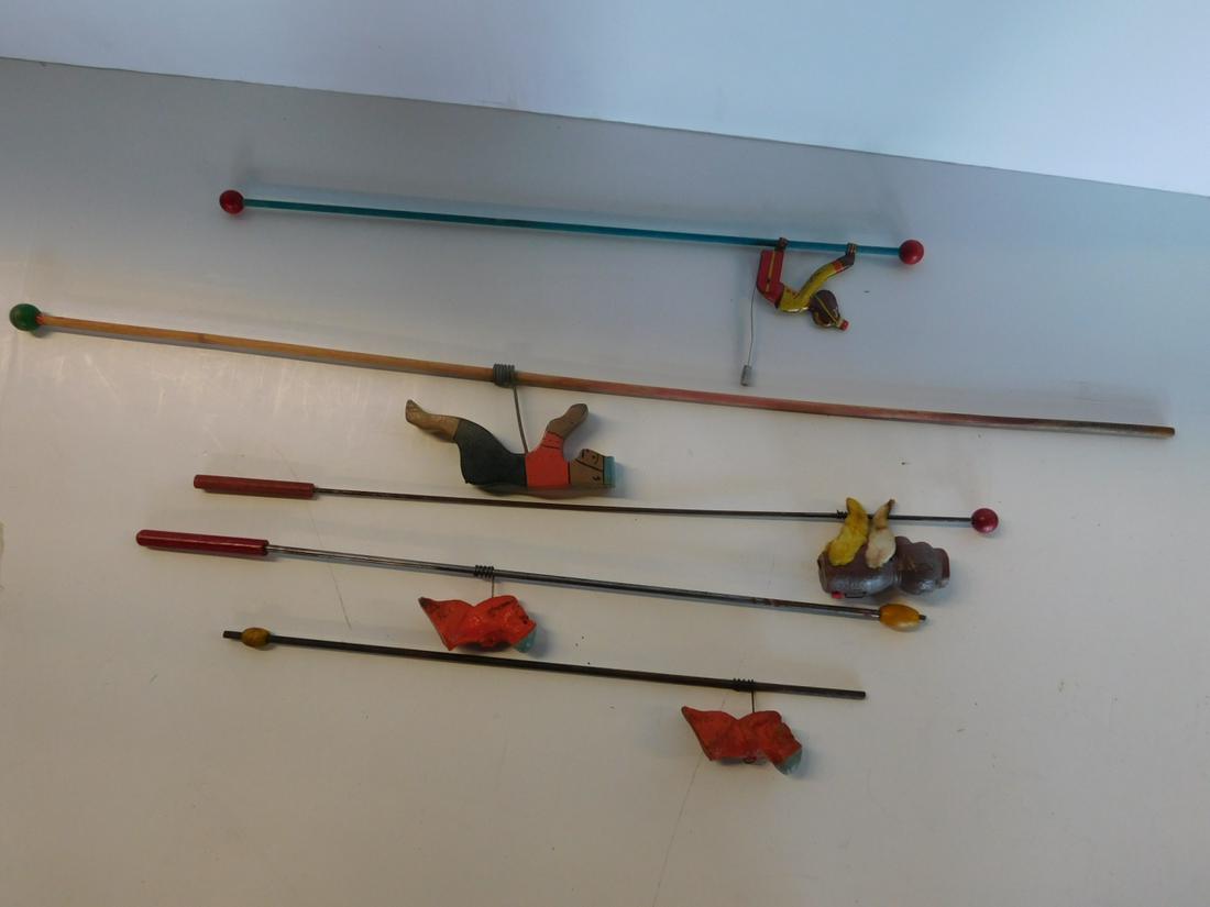 5 Vintage Monkey Climber Toys: Five Vintage Monkey Climber Toys including: tin litho monkey, 3", wood pole, 19" with balls on end, original cardboard back, painted wood monkey, 5 1/2", wood stick, 30 1/2" with ball on one end and t
