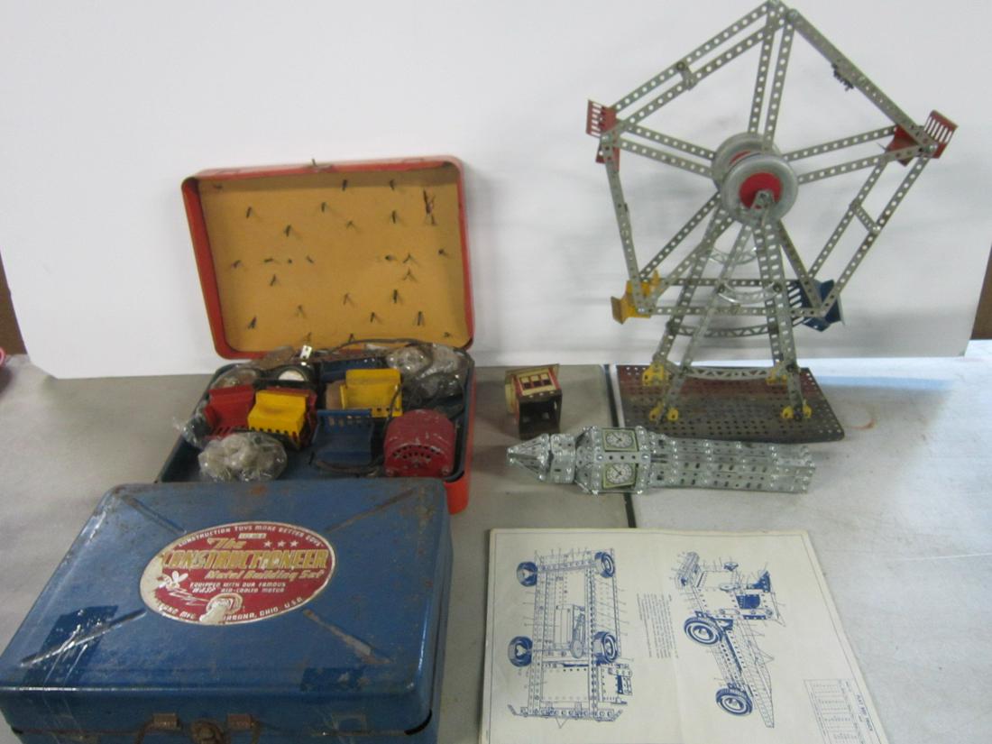 2 Vintage Metal Building Sets: Two Vintage Metal Building Sets, "The Constructioneer", Urbana Mfg Co., Ohio, both in original boxes with Thieve famous "Wasp Air Cooled Motors (one red, one blue) with parts and hardware, plus partia