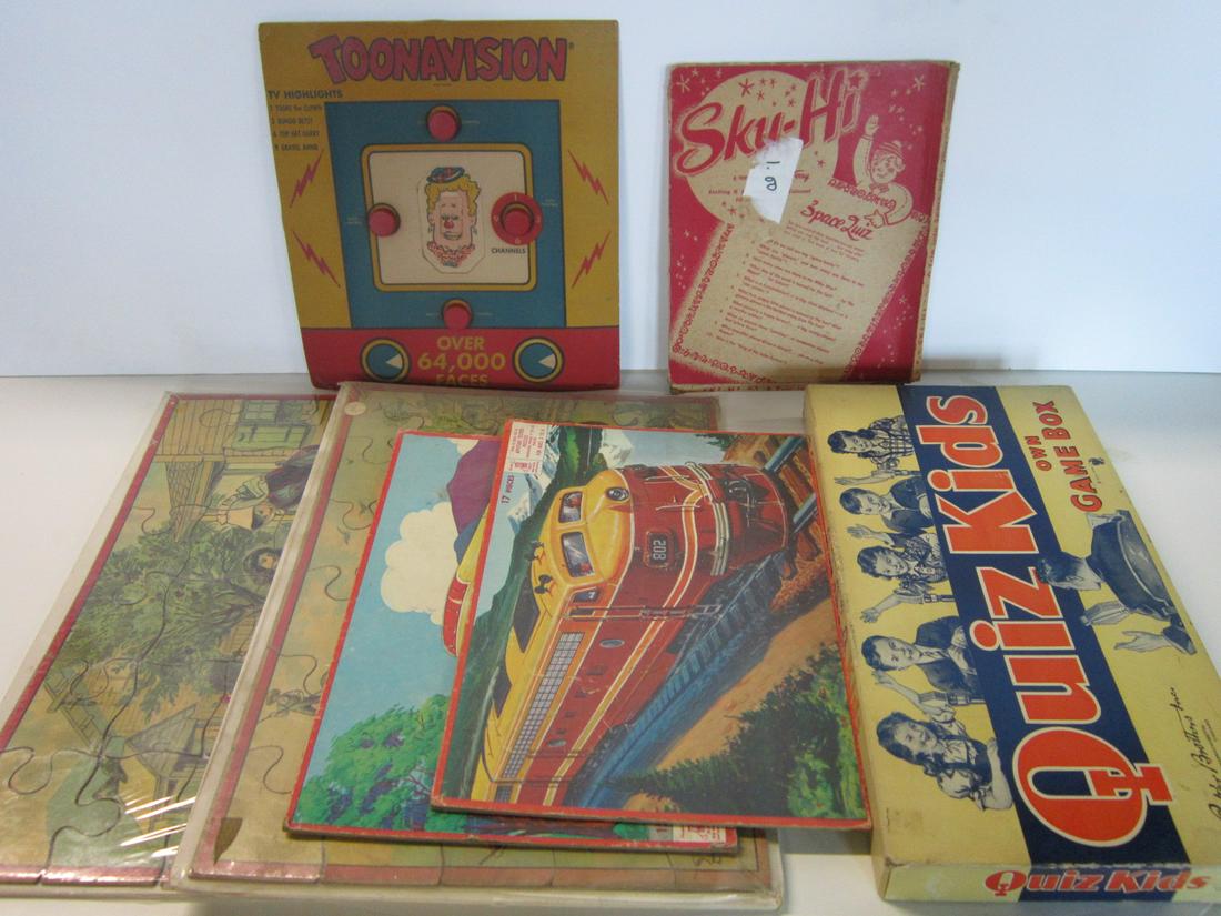 Lot Vintage Games & Puzzles: Lot Vintage Games and Puzzles including: Toonavision (over 64,000 faces),Parker Bros. Quiz kids (in original box), plus four jigsaw puzzles - truck (15 pcs), train (17 pcs), (2) farm scene (30 pcs) ea