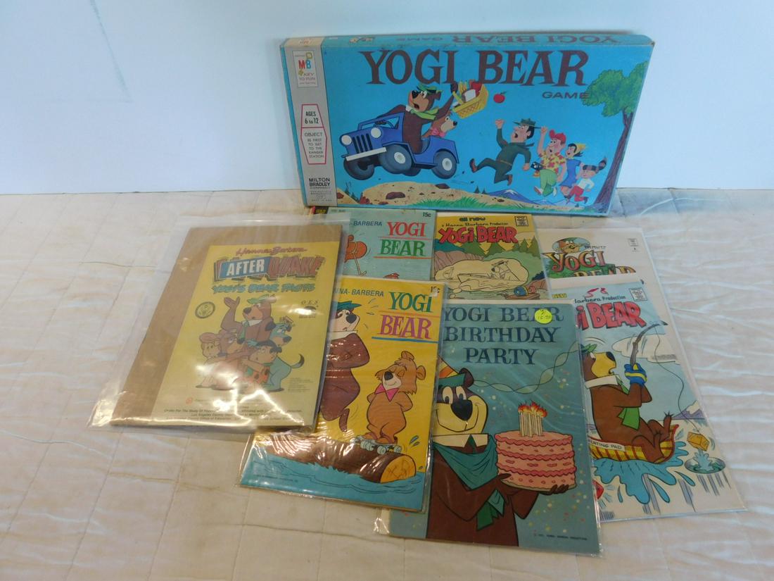 Vintage Yogi Bear Comics & Game: Vintage Yogi Bear Comics and Game including: six Yogi Bear comics - Gold Key, 10067-007 July and 1006 - 010 October, 15¢, Cerlton Comics, No 22, Sep, 25¢ and No. 32, Jul, 30¢, Archie Comics No. 3, 