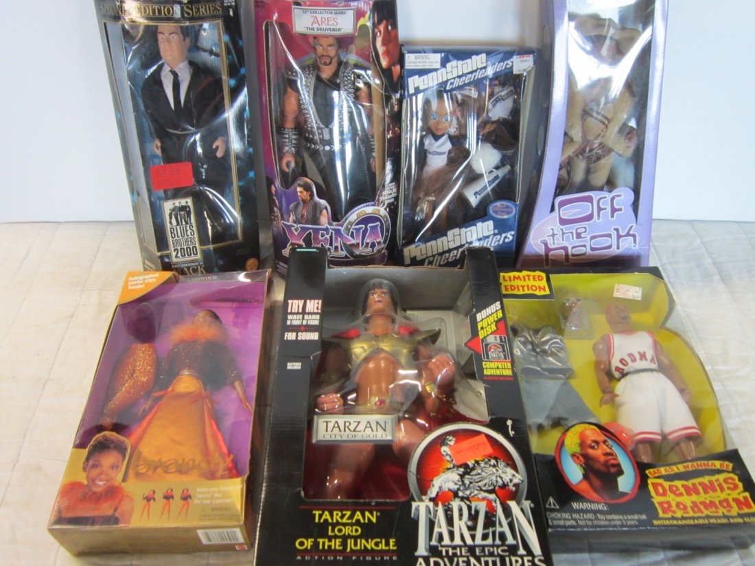 7 Full Size Action Figures, all new: 7 Full Size Action Figures, all new in original packages including; Ares the Deliverer, from Xena Warrior Princess, Mack (John Goodman), from Blues Bros., Brandy, Dennis Rodman - Bad as I Want to Be,