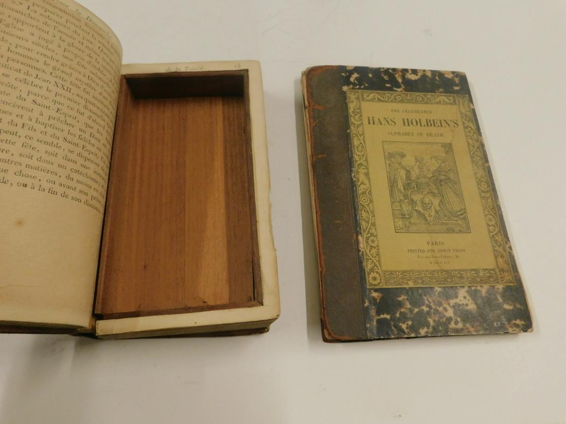 Hollow Book Box and Holbein's Alphabet of Death: Hollowed out book from 1819, leather bound Projets de Prones (preached products), 4 3/8" x 6 5/8" x 1 1/4". Along with an illustrated copy of Hans Holbein's Alphabet of Death, Printed Paris 1861. Cond