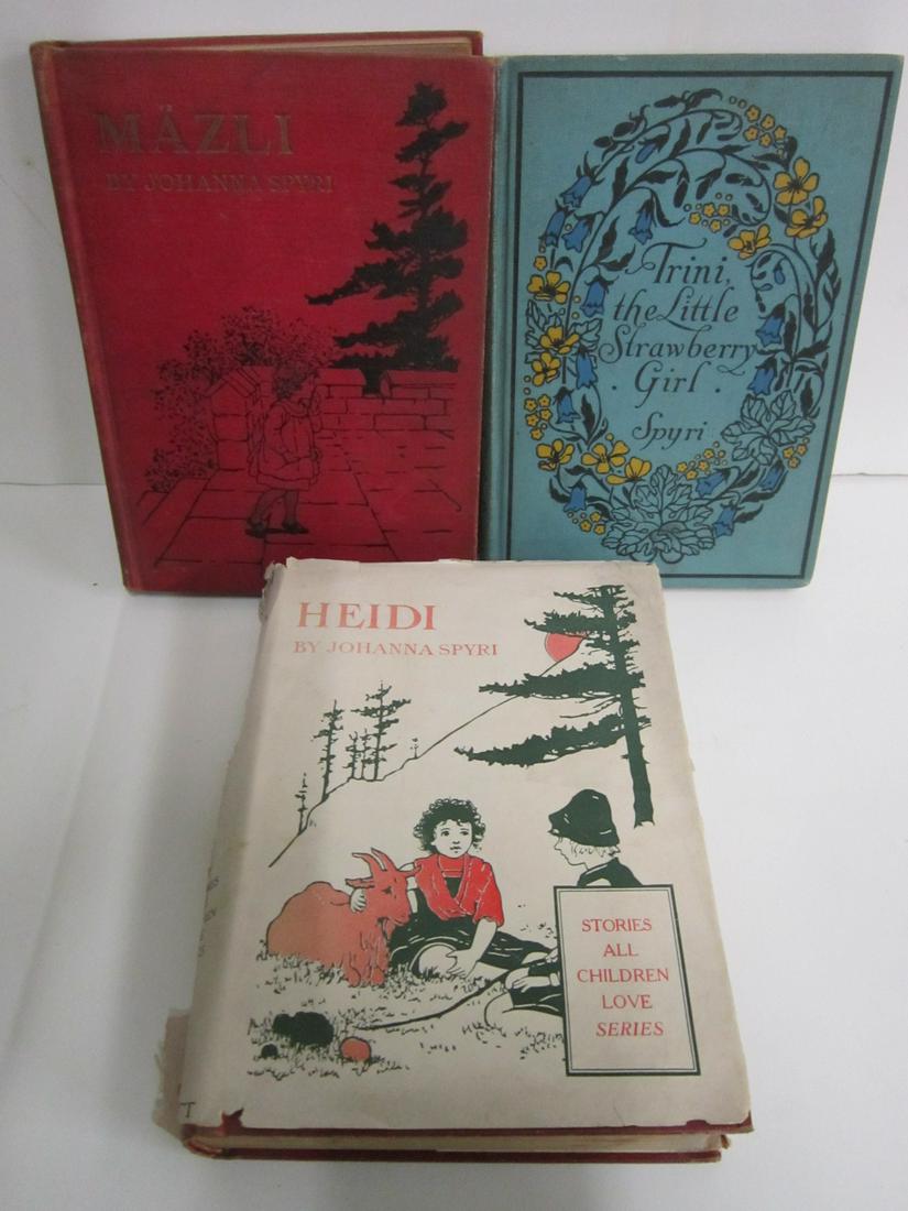 Spyri Johanna Three Books: Spyri, Johanna, Heidi, JB Lippincott, Philadelphia, 1915 (Illustrations by Maria Kirk, stated "second edition" on half-title. In original DJ); Mazli, Lippincott, 1921; Trini: The Little Strawberry Gir