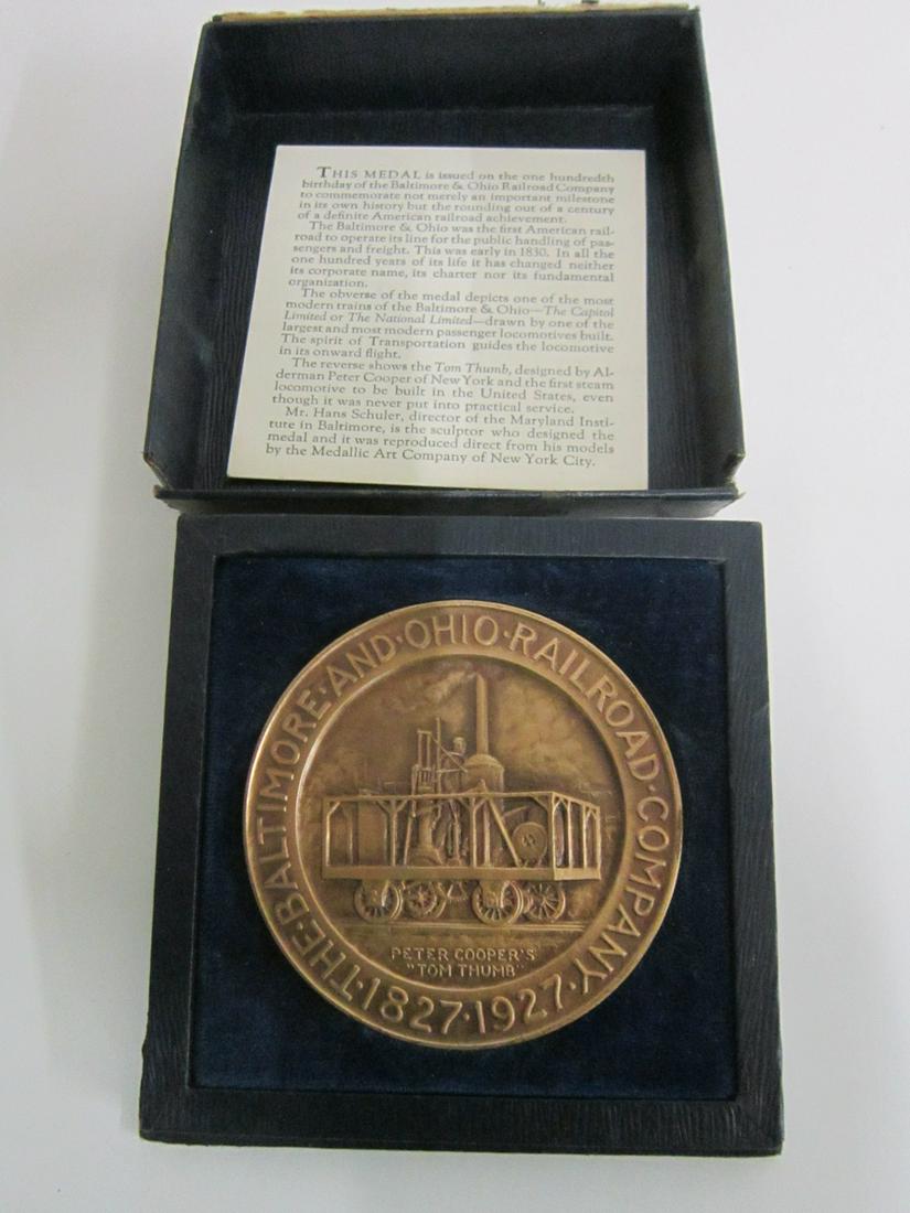 Baltimore & Ohio Railroad Centennial Medallion: Baltimore & Ohio Railroad Centennial Medallion. A bronze medal minted by the Medallic Art Company of New York for the Centennial of the Baltimore & Ohio Railway Co in 1927. It was modeled by Hans Schu