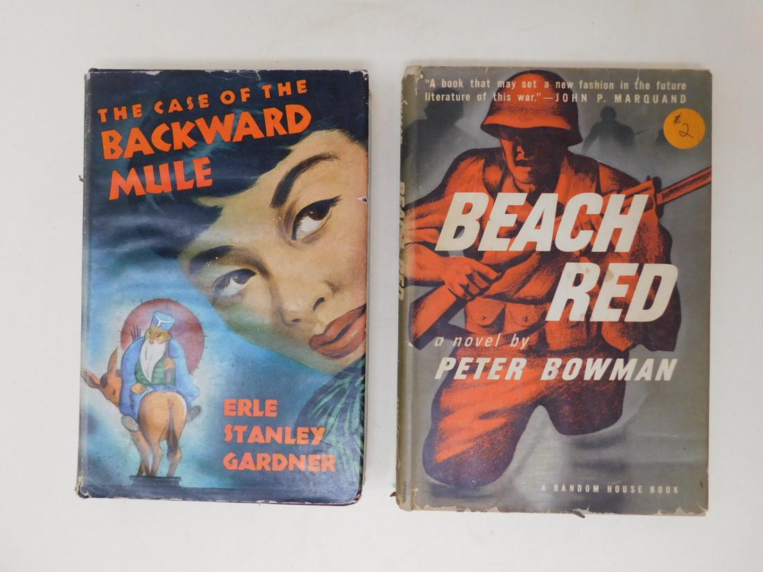 Two Pulp Fiction Novels: Gardner, Erle Stanley, The Case of the Backward Mule, William Morrow, New York, 1946; Bowman, Peter, Beach Red, Random House, New York, 1945 (book club edition). Condition; light wear to DJs, books li