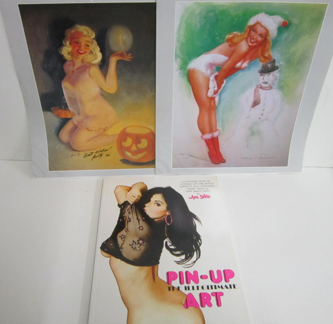 Signed Pinup Items: Signed Pinup Items. A group of items signed by pin-up artists, including: a calendar page signed by Donald "Rusty" Rust, a calendar page signed by Earl MacPherson, and a copy of Pin-Up the Illegitimat